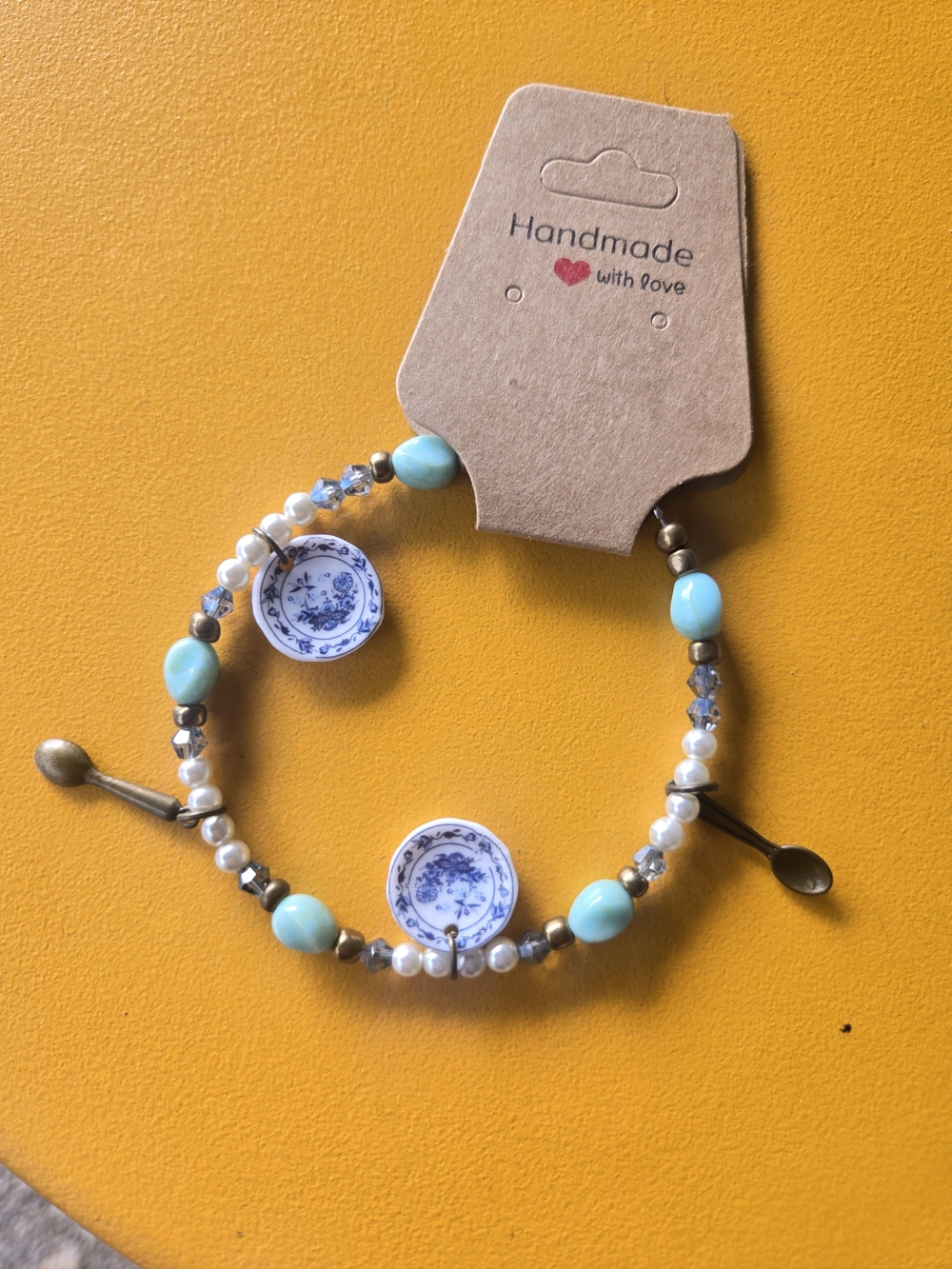 Handmade Blue & Turquoise Tea Plate And Spoon Charm Bracelet